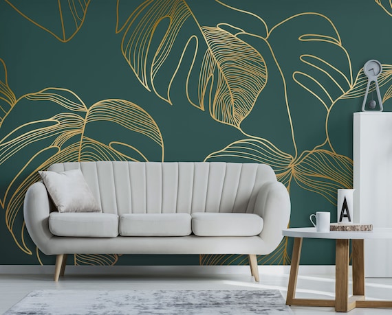 Groe Monstera-Blatt-Tapete in mattem Grn und Gold,  Linienkunst-Blttermotiv | Selbstklebend, Abziehen und Aufkleben,  abnehmbare Tapete - Etsy.de