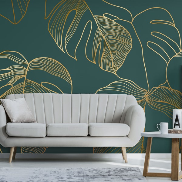 Vector green and gold matte big monstera leaf wallpaper, line art leaves motive | Self Adhesive, Peel & Stick, Removable wallpaper