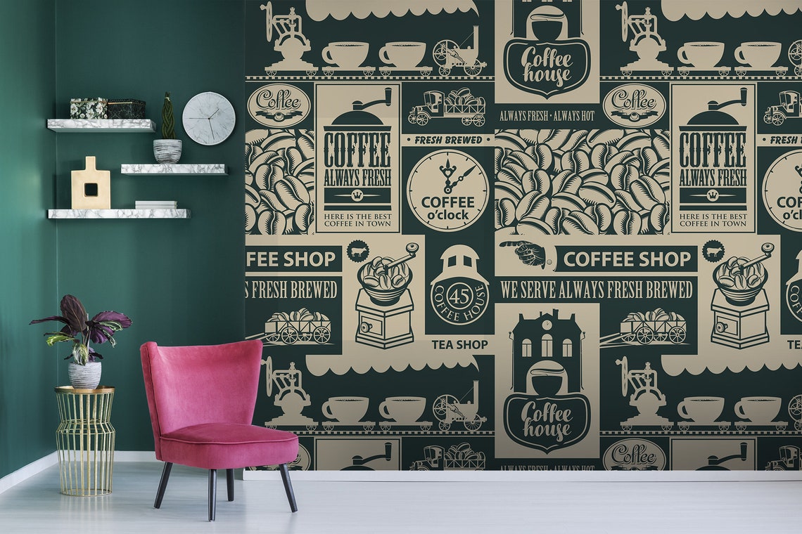 Wallpaper With Coffee Retro Style Self Adhesive Peel & - Etsy