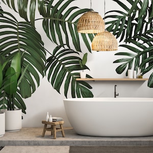 Tropical wallpaper, monstera leaves, leaf print wall mural, botanical wallpaper, Self Adhesive, Peel & Stick, Removable wallpaper