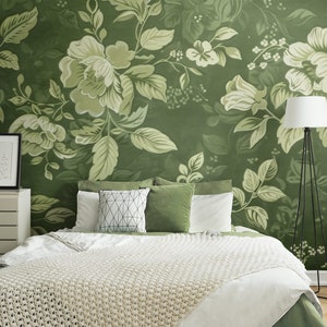 Grüne Retro-Blumentapete, traditioneller Druck, klassisches Blumenwandbild [Abziehen und Aufkleben (selbstklebend) oder traditionelle Vinyltapete]