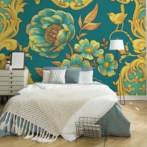 Elegant watercolor green peony wallpaper Self Adhesive, Peel & Stick, Removable wallpaper