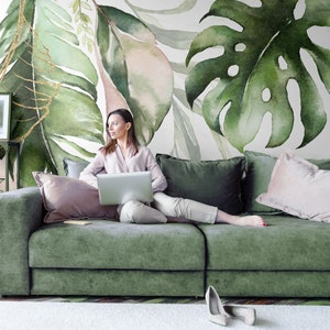 Aquarell hängende Monstera- und Bananenblätter, tropisches botanisches Muster | Selbstklebende Tapete, abziehen und aufkleben, abnehmbar
