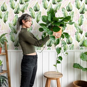 Tropical leaves wallpaper, leaf pattern, watercolor botanical wallpaper, Self Adhesive, Peel & Stick, Removable wallpaper