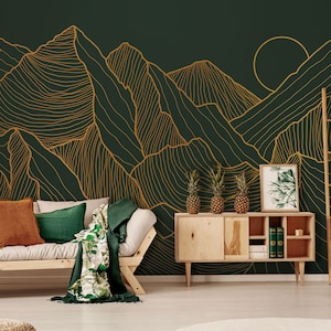 Carta da parati con motivi artistici linea montagna e sole opaco verde scuro e oro | Carta da parati autoadesiva, stacca e incolla, rimovibile