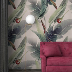 Carta da parati tropicale con foglie di banana ad acquerello, sfondo beige, carta da parati botanica, autoadesiva, stacca e incolla, carta da parati rimovibile