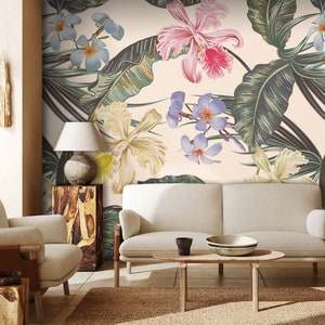 Murale di fiori tropicali, carta da parati con motivi botanici | Carta da parati autoadesiva, stacca e incolla, rimovibile