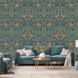 Carta da parati verde con motivi a foglie art deco | Autoadesiva, stacca e incolla, carta da parati rimovibile, decorazione da parete verde
