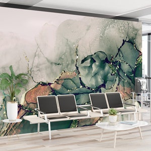 Green marble wallpaper mural, Abstract wallpaper, Watercolor wall art, Self Adhesive, Peel and Stick, Removable wall mural