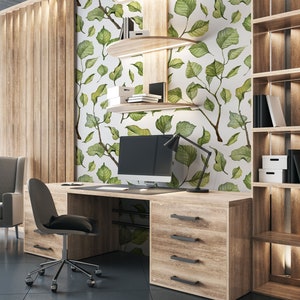 Watercolor small green leaves wallpaper, Self Adhesive, Peel & Stick, Removable wallpaper