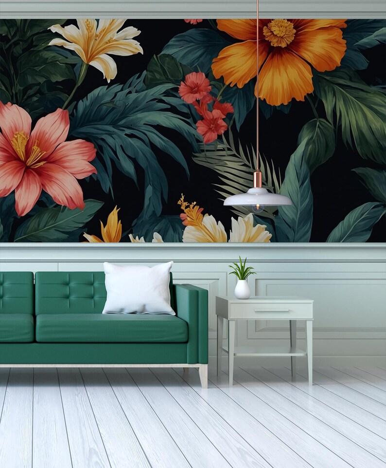Buy Tropical Flowers Dark Wallpaper, Vintage Botanical Wall Mural, Home