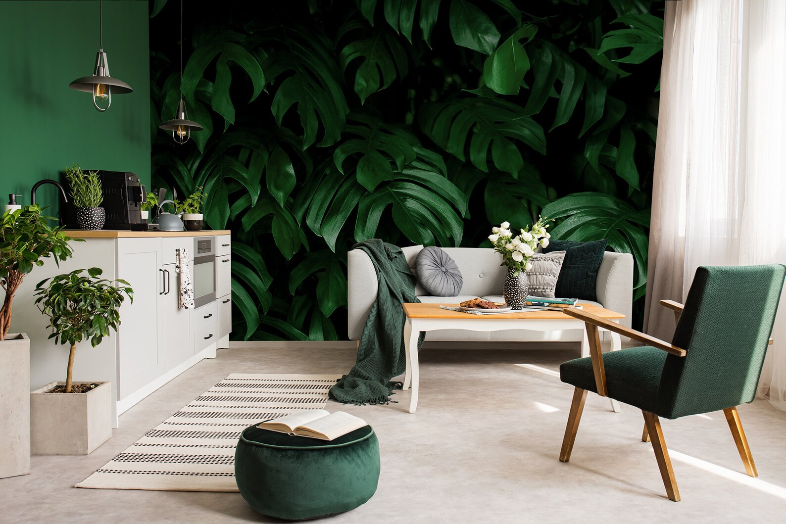 Dark Wallpaper With Fresh Monstera Leaves Self Adhesive - Etsy