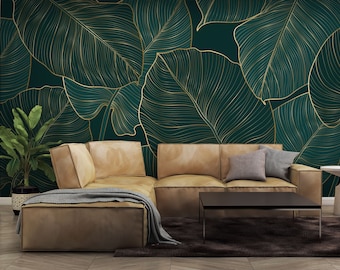Donkergroen en goudkleurig mat behang met monstera-bladeren, vector junglebladmotief | Zelfklevend, afneembaar behang
