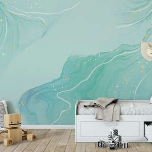 Papier peint abstrait turquoise et bleu sarcelle, marbre, aquarelle | Autocollant, Peel & Stick, Papier peint amovible