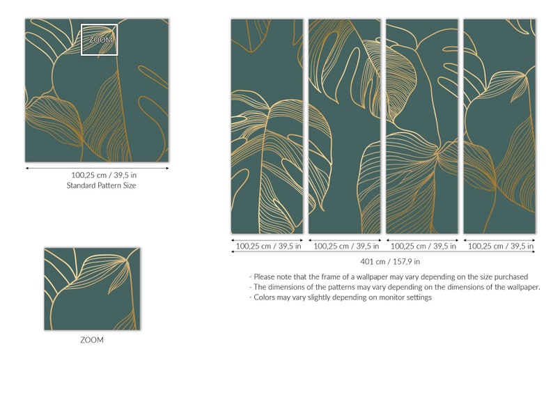 Vector Green and Gold Matte Big Monstera Leaf Wallpaper Line | Etsy