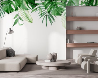 Monstera leaf watercolor wall mural, hanging leaves, botanical wallpaper, Self Adhesive, Peel & Stick, Removable wallpaper