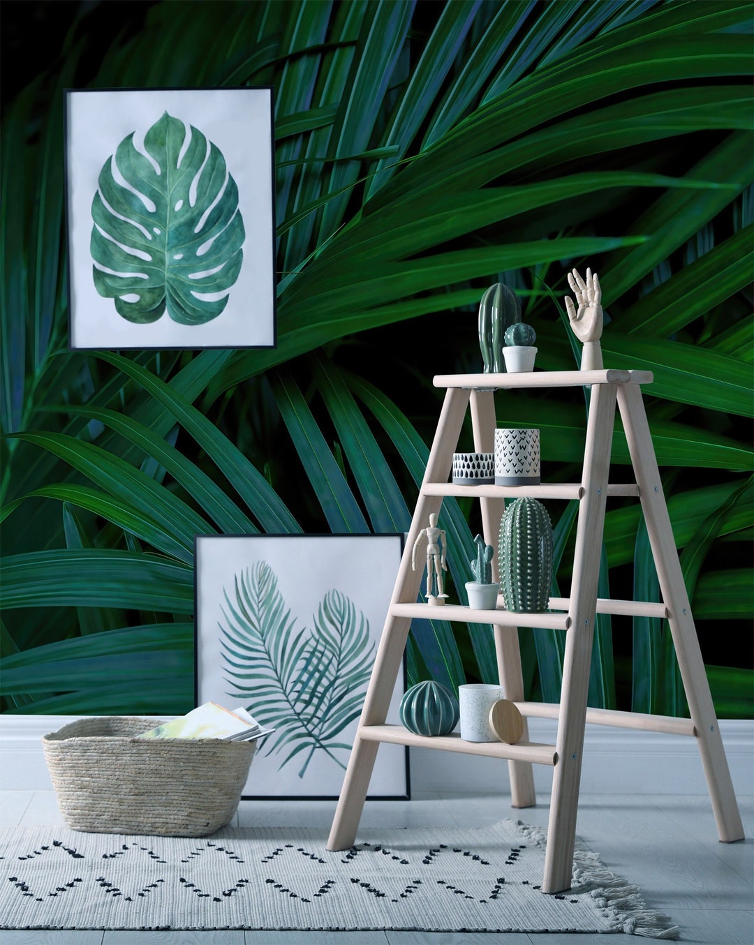 Dark Tropical Wallpaper, Green Palm Leaf Mural, Dark Jungle, Wall Decor ...