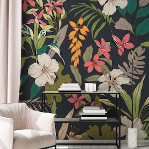 Dunkle Tapete mit hawaiianischen Blumen, selbstklebend, abziehen und aufkleben, abnehmbare Tapete