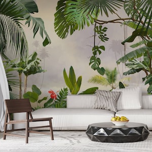 Adorable wallpaper with tropical palm and banana leaves, jungle pattern, floral pattern | Self Adhesive, Peel & Stick, Removable wallpaper