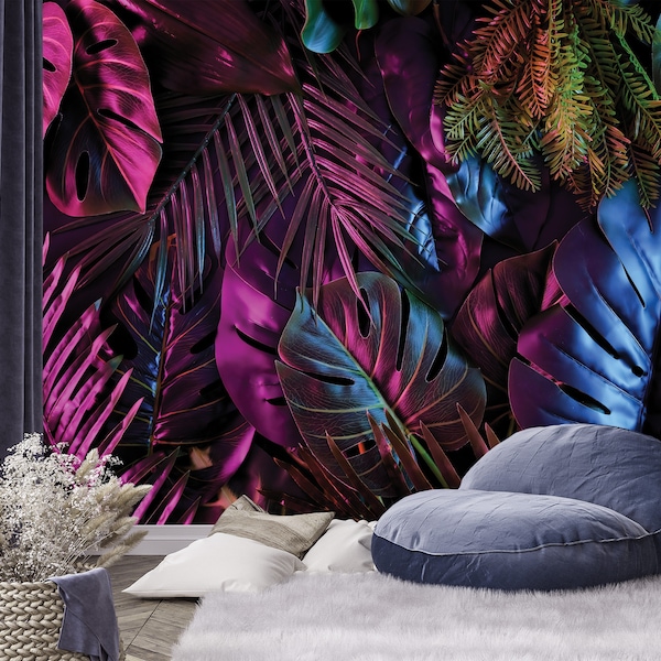 Tropical dark wallpaper, jungle, exotic palms, retro style Wall Decor [Peel and Stick (Self Adhesive) or Non-Stick Vinyl]