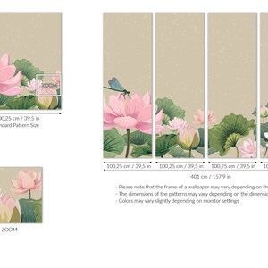 Ljusrosa lotusblommor och trollsländor på beige bakgrundstapet, blommig tapet | Självhäftande, Dra & Stick, Avtagbar tapet bild 4