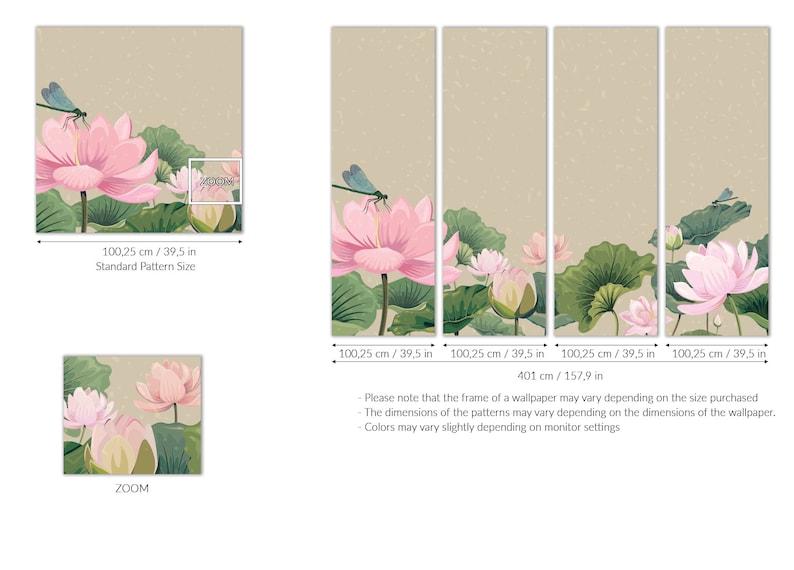 Ljusrosa lotusblommor och trollsländor på beige bakgrundstapet, blommig tapet | Självhäftande, Dra & Stick, Avtagbar tapet bild 4
