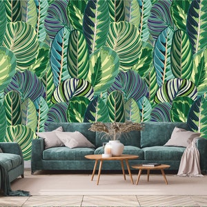 Green patterned tropical leaves motive wallpaper | Self Adhesive, Peel & Stick, Removable wallpaper, Green Wall Decor