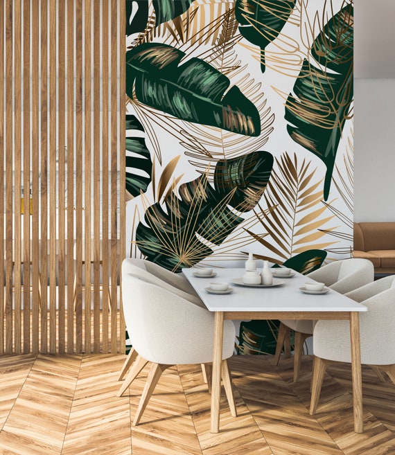 Green and Gold Matte Tropical Leaves Wallpaper Banana and - Etsy