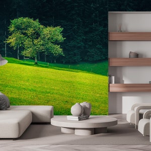 Green wallpaper, tree, meadow, Wall Mural, Self Adhesive, Peel & Stick, Removable wallpaper