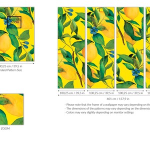 Puede incluir: Un patr&oacute;n de papel tapiz con un dise&ntilde;o repetitivo de limones y hojas verdes sobre un fondo amarillo brillante. El patr&oacute;n est&aacute; disponible en un tama&ntilde;o est&aacute;ndar de 100,25 cm por 100,25 cm.