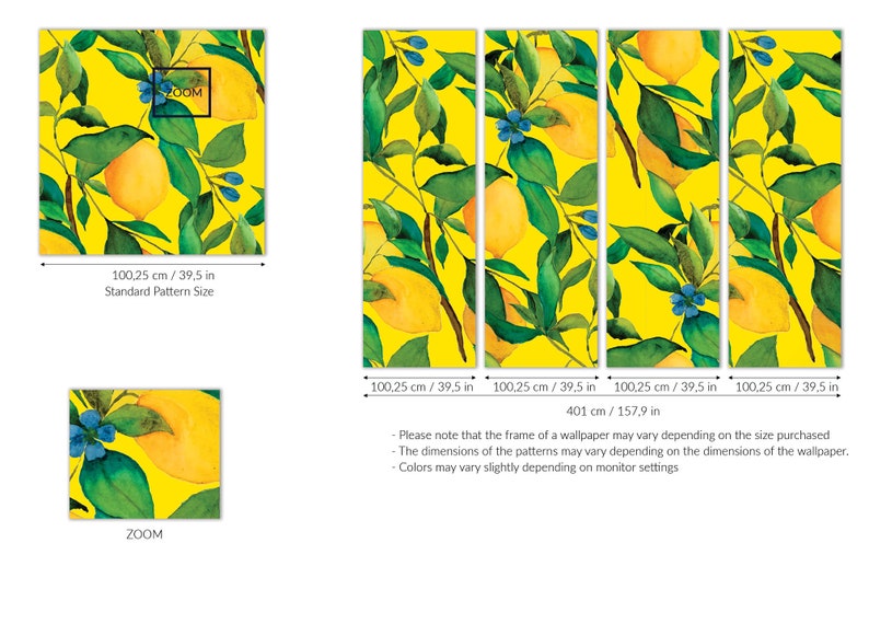 Puede incluir: Un patr&oacute;n de papel tapiz con un dise&ntilde;o repetitivo de limones y hojas verdes sobre un fondo amarillo brillante. El patr&oacute;n est&aacute; disponible en un tama&ntilde;o est&aacute;ndar de 100,25 cm por 100,25 cm.