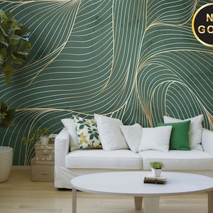 Green abstract line art wallpaper [Wall Decor, Peel and Stick (Self Adhesive) or Non-Stick Wallpaper]
