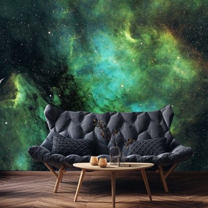 Carta da parati cosmica nera e verde, spazio esterno e murale di nebulosa | Autoadesiva, stacca e incolla, carta da parati rimovibile, decorazione da parete verde