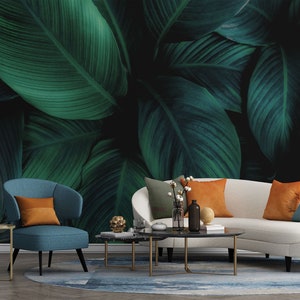 Dark tropical green leaves wall mural | Self Adhesive, Peel & Stick, Removable wallpaper