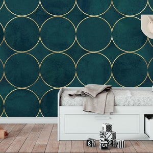 Abstract watercolor wallpaper with dark teal green color circles, pattern with gold line | Self Adhesive, Peel & Stick, Removable wallpaper