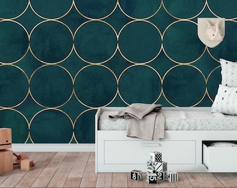 Abstract watercolor wallpaper with dark teal green color circles, pattern with gold line | Self Adhesive, Peel & Stick, Removable wallpaper