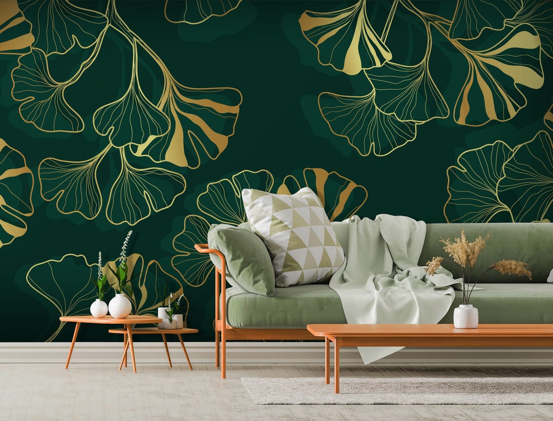 Dark Green and Gold Matte Ginkgo Biloba Leaves Wallpaper Self Adhesive