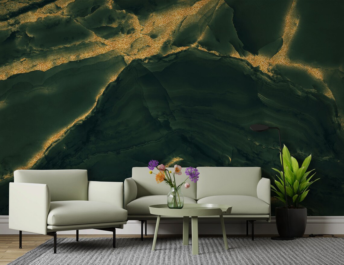 Green Marble With Gold Veins Wallpaper Natural Marble - Etsy