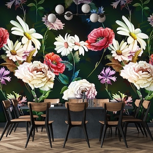 Poppy flower pattern, leaves, cornflower, peony, dark green background wallpaper, Self Adhesive, Peel & Stick, Removable wallpaper