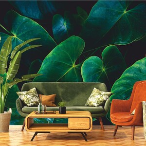 Green exotic leaves photo wallpaper | Self Adhesive, Peel & Stick, Removable wallpaper, Green Wall Decor