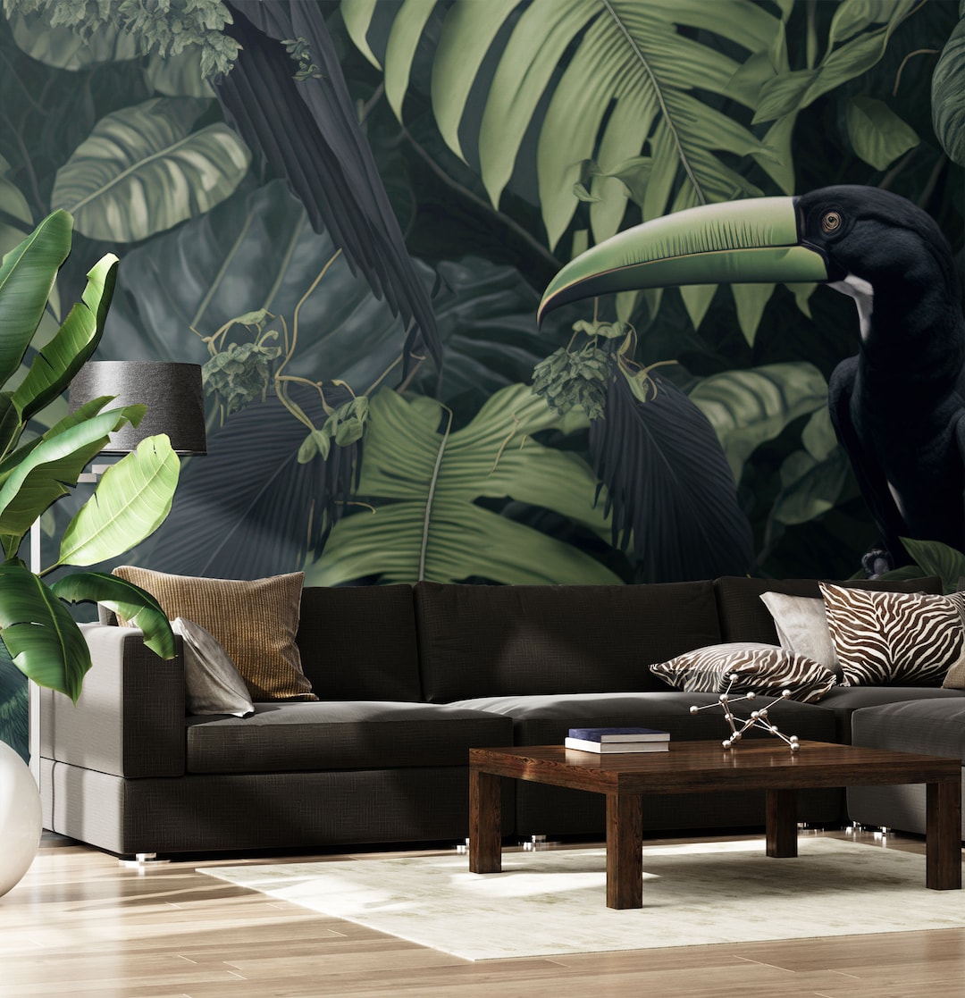 Dark Palm Leaves Wallpaper, Tropical Bird Wall Mural, Jungle Wallpaper ...