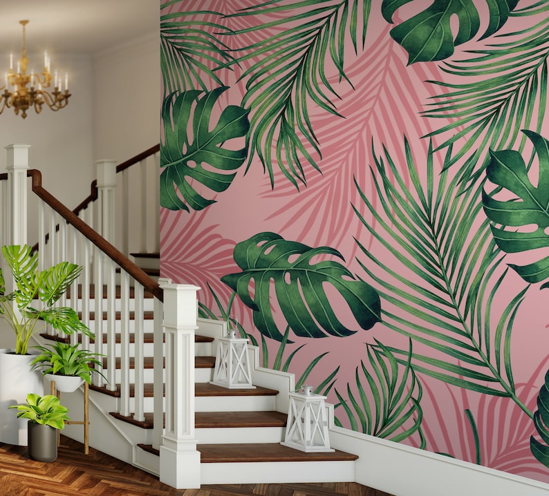 Monstera Wallpaper Coconut Leaves Pattern Palm Pink Leaf - Etsy