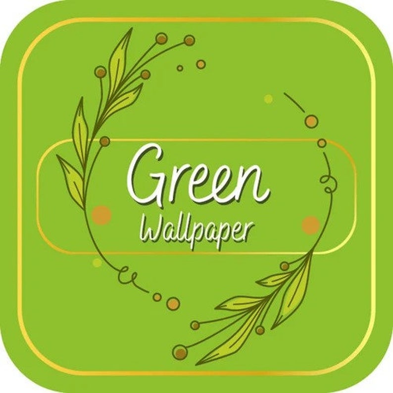 Op de afbeelding: Groene achtergrond met een gouden frame en twee groene bladertakken met bruine bessen. De tekst "Green Wallpaper" staat in het midden van de afbeelding.