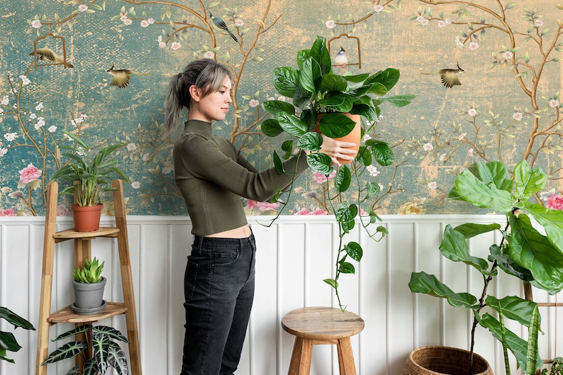 May include: A woman is holding a potted plant with trailing vines in front of a wall with a floral wallpaper design. The wallpaper features a light blue background with branches of pink flowers and birds. The woman is wearing a green sweater and black jeans. There are other plants in the room, including a potted plant on a wooden shelf and a large potted plant in a woven basket.