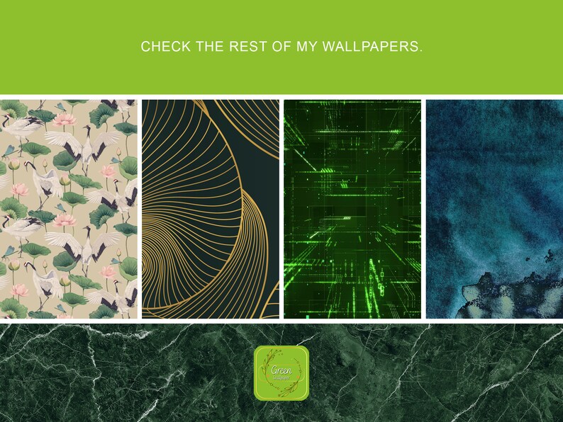 May include: A collage of four different wallpaper designs. The first design features a beige background with white cranes and pink lotus flowers. The second design features a black background with gold lines forming a swirling pattern. The third design features a green background with a digital pattern. The fourth design features a blue background with a watercolor effect. The text "CHECK THE REST OF MY WALLPAPERS." is displayed at the top of the image.