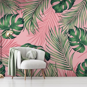 Monstera-Tapete, Kokosnussblättermuster, Palme, rosa Blatt, Baum tropisches exotisches Blatt | Selbstklebende, abziehbare Tapete