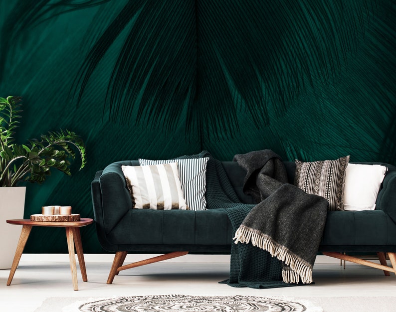 Beautiful Dark Green Wallpaper Vintage Pattern With Feather Etsy