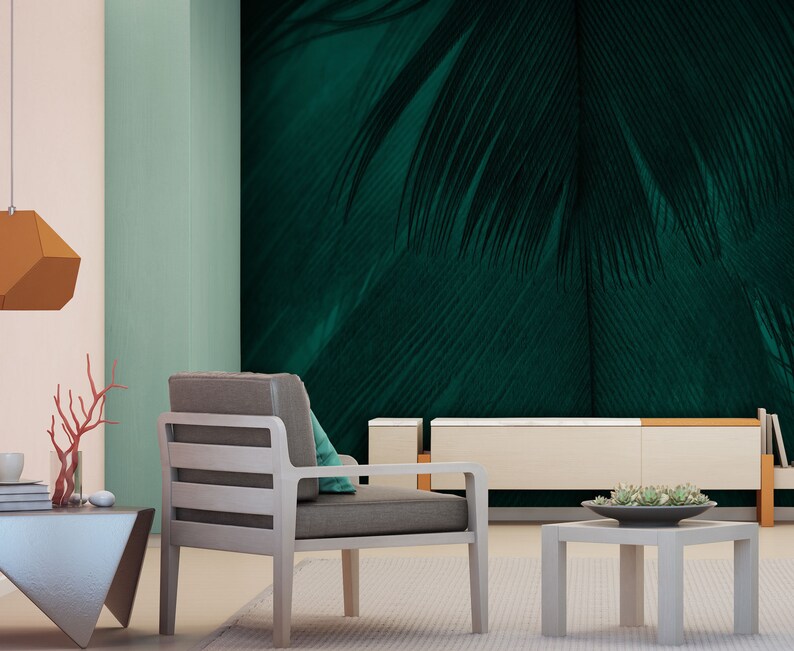 Beautiful Dark Green Wallpaper Vintage Pattern With Feather Etsy