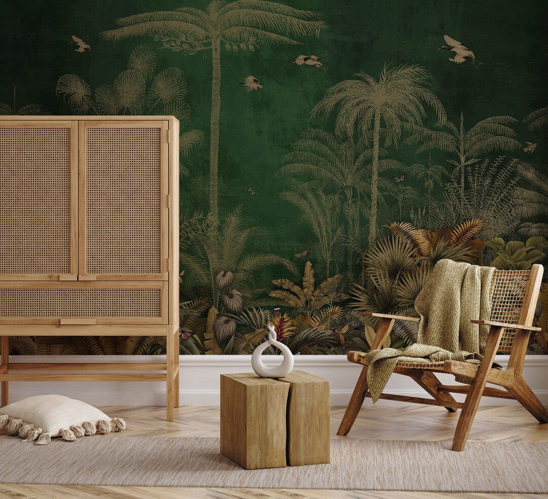 Dark Green Abstract Wallpaper With Tropical Palm Leaf Forest [wall ...