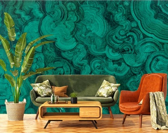 Papier peint effet marbre vert, fresque murale en pierre d'agate, décoration intérieure en malachite | Papier peint autocollant, repositionnable et amovible, décoration murale verte